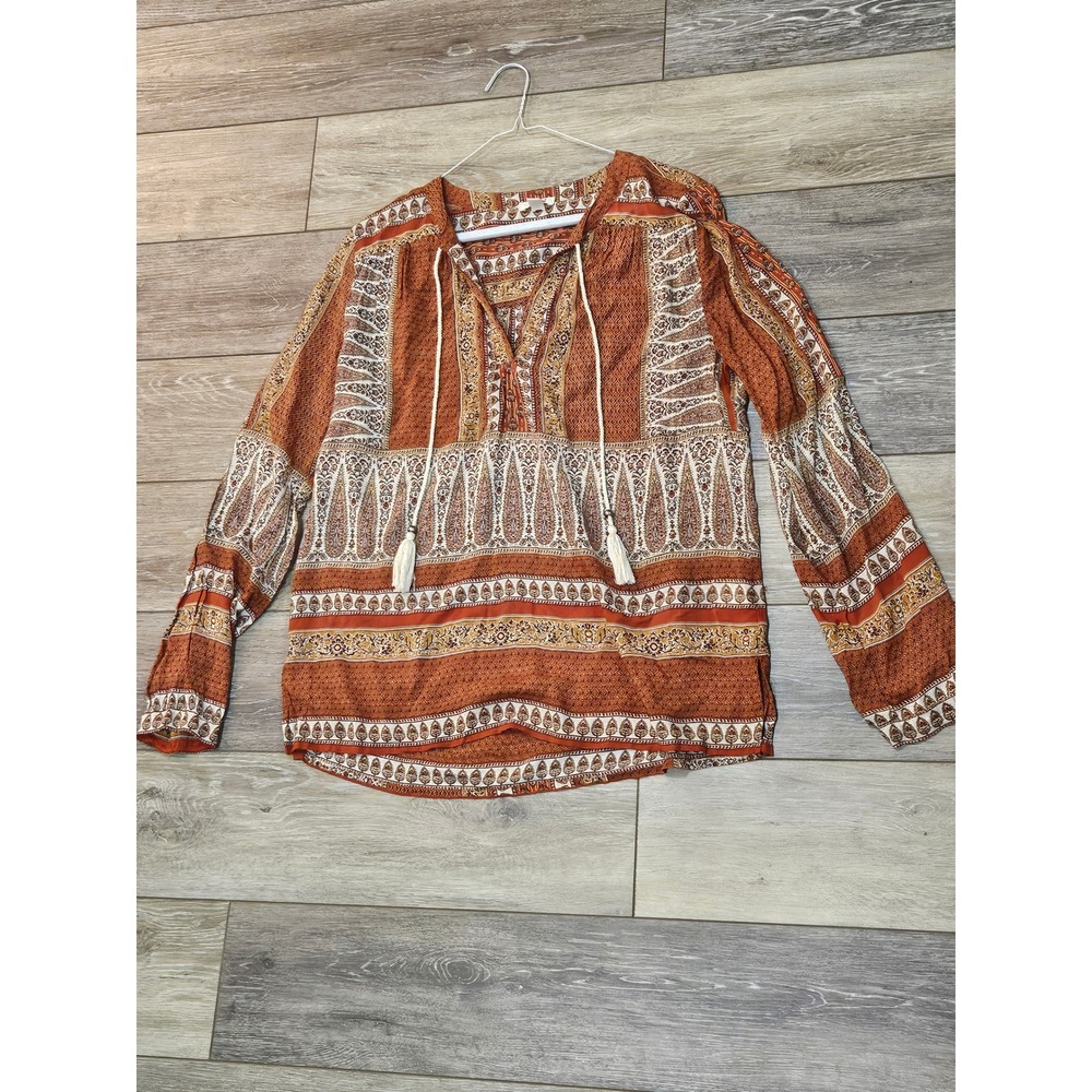 Anthropologie Dylan Women Small Orange Paisley Boho Tassel Peasant Blouse Top